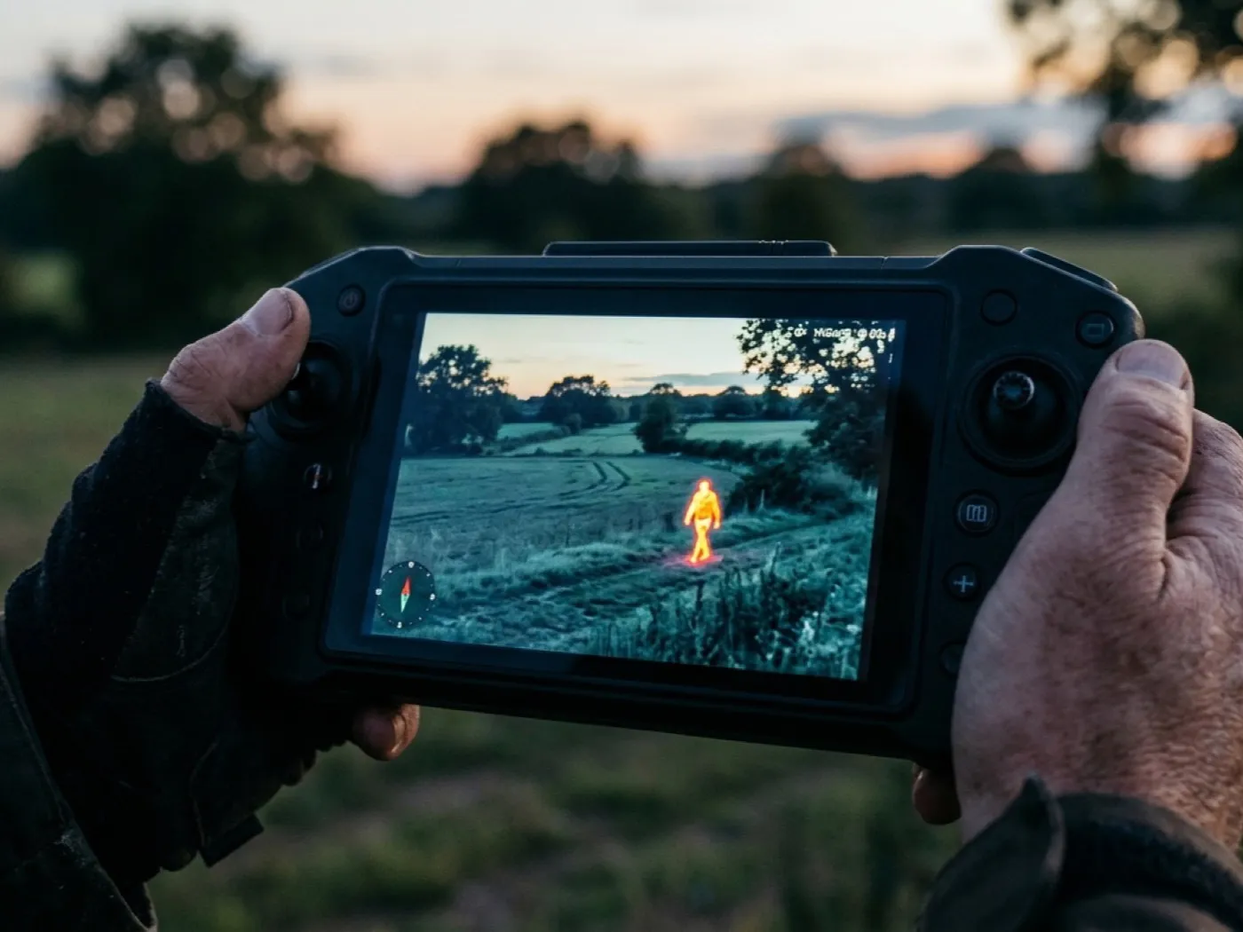 Handheld controller screen showing a thermal camera view of an open field with a bright heat signature at its edge
