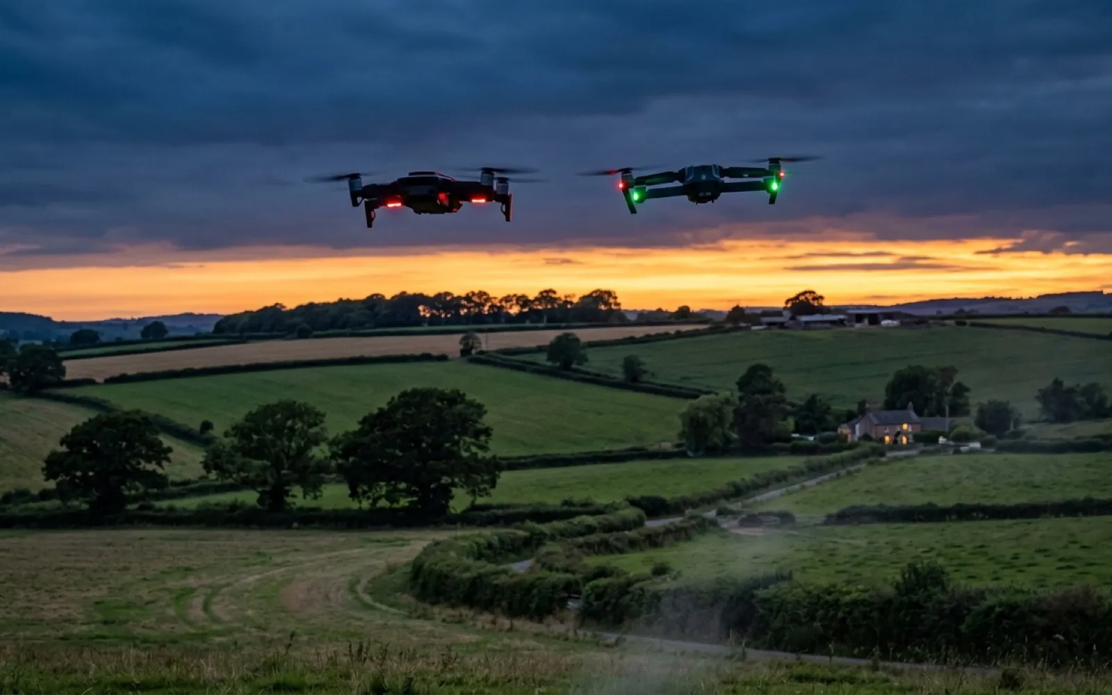 Drone silhouette flying low over open Devon farmland at dusk, its lights showing against a darkening sky