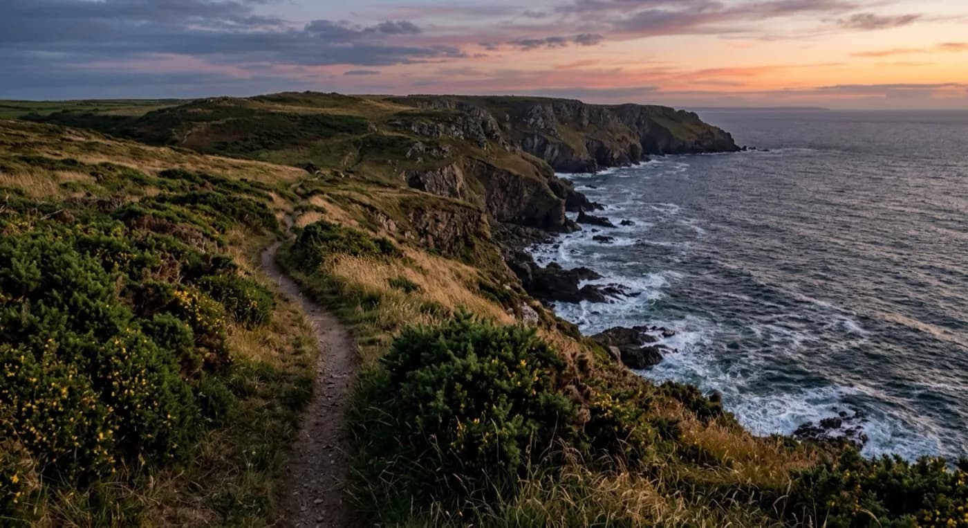 A South West coast path along high cliffs with gorse and open clifftop grass at dusk